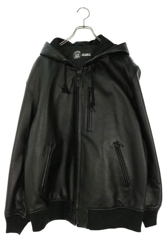 AVIREX Black Zip Leather Parka Jacket Size 2XL