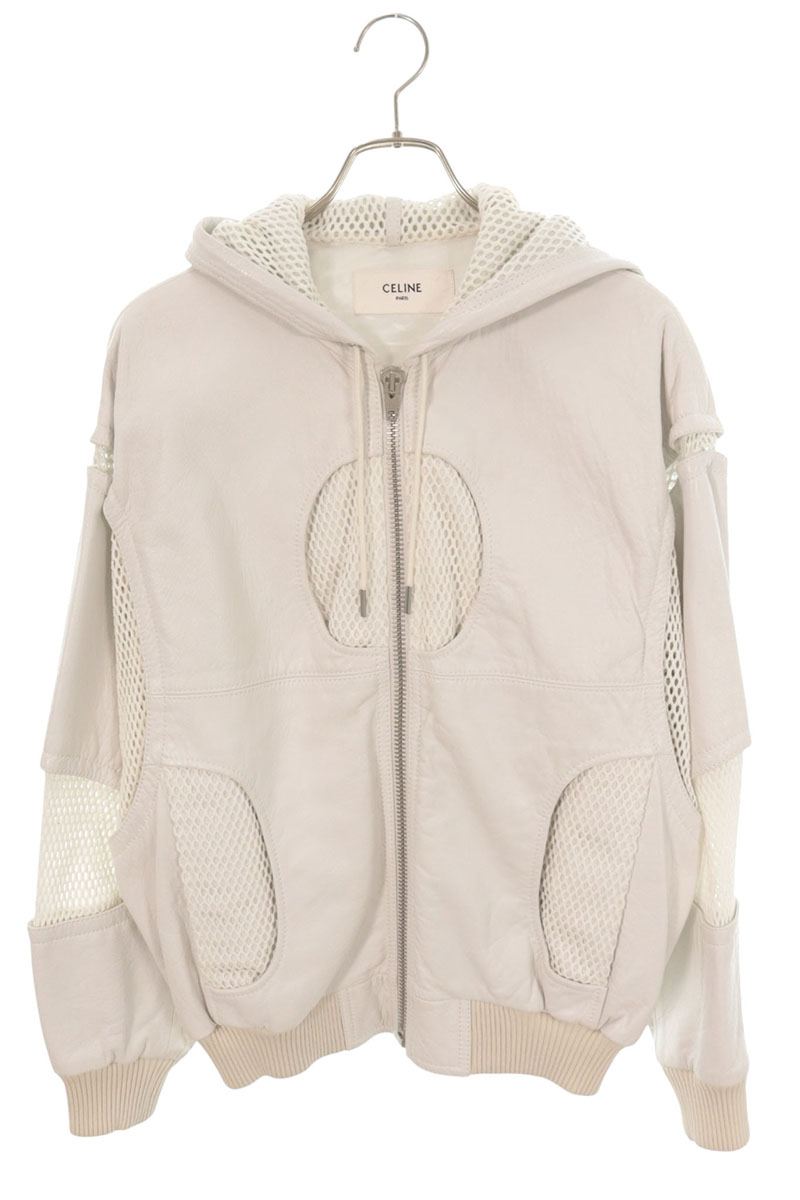 CELINE 22SS Hooded Mesh Panel Leather Jacket White Size 44