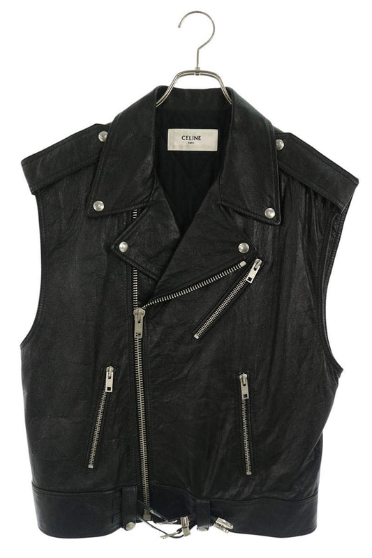 CELINE 22SS Sleeveless Lamb Leather Jacket Black Size 44