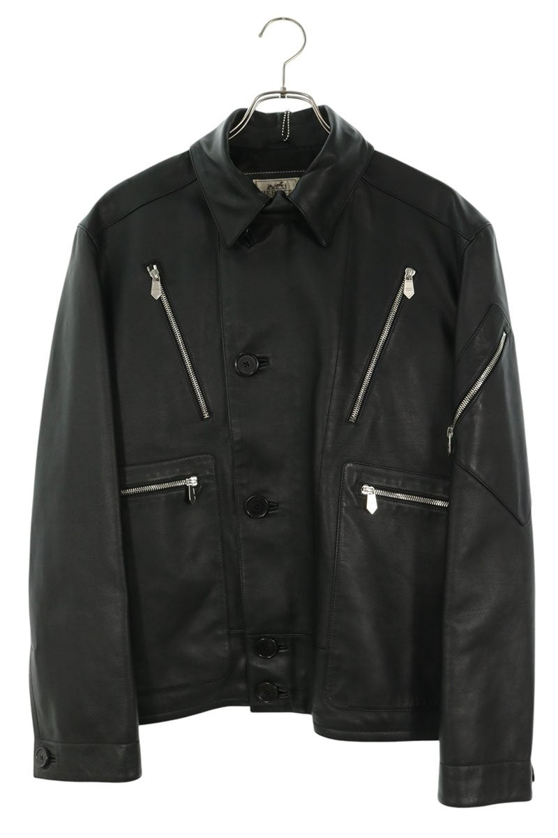 HERMES Zip Design Leather Jacket Size 48