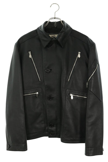 HERMES Zip Design Leather Jacket Size 48