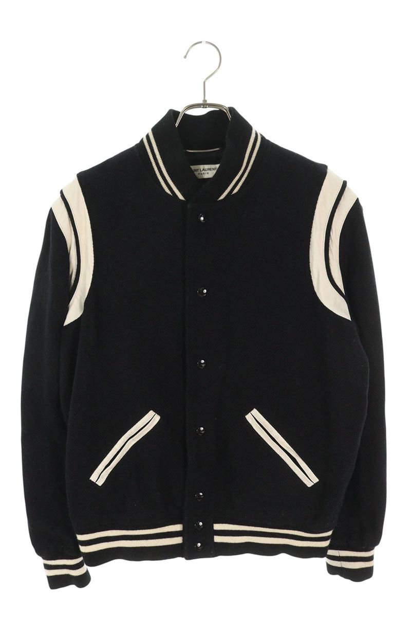 SAINT LAURENT PARIS Black Wool Leather Trim Varsity Size L