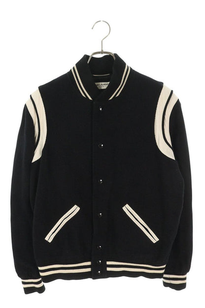 SAINT LAURENT PARIS Black Wool Leather Trim Varsity Size L