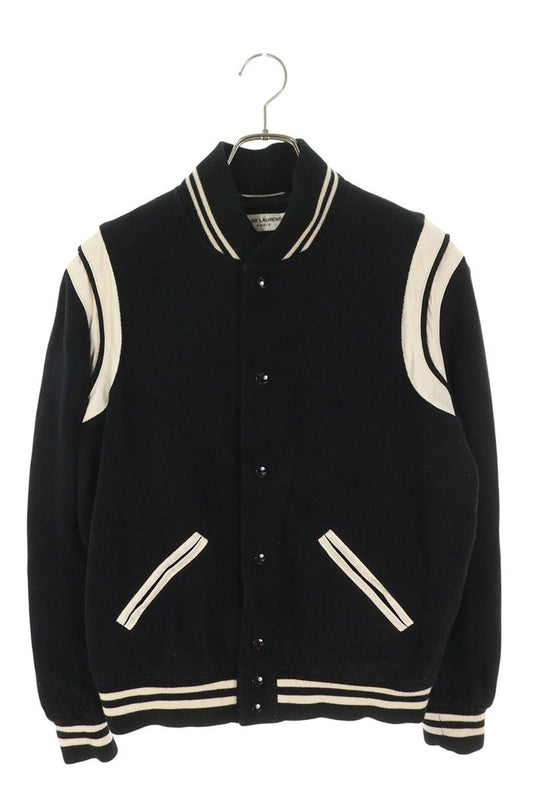 SAINT LAURENT PARIS Black Wool Leather Trim Varsity Size L