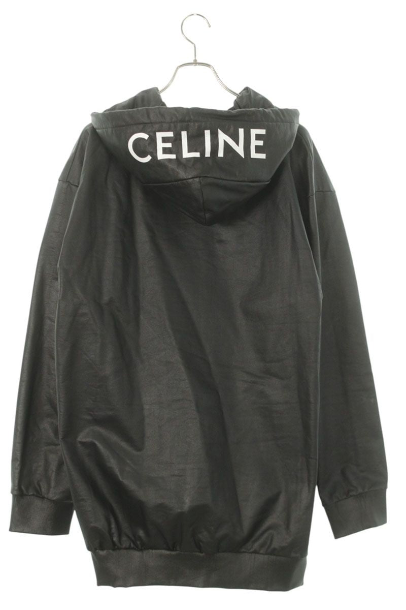 CELINE Hood Logo Print Zip-Up Blouson Black Cotton Size L