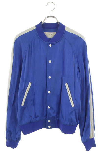 CELINE Blue Logo Embroidered Satin Teddy Blouson Size M