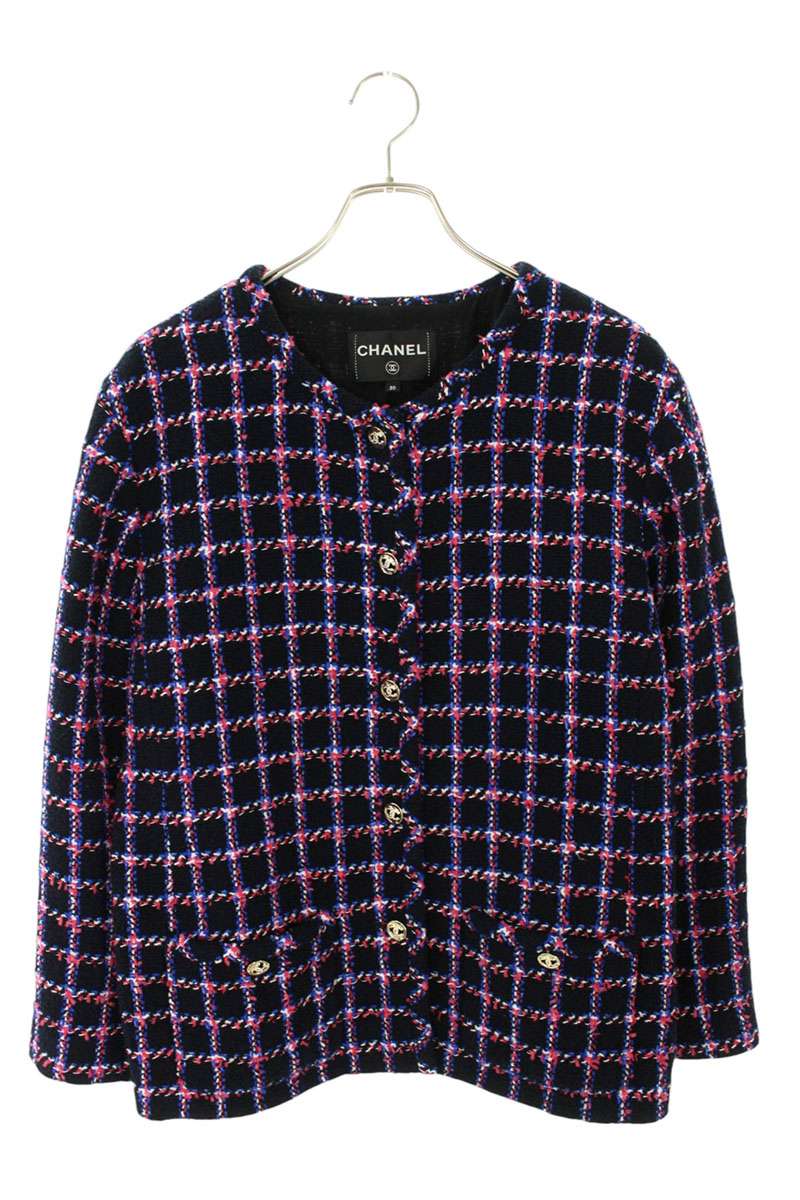 CHANEL Multi Cotton Blend Tweed Collarless Jacket Size L