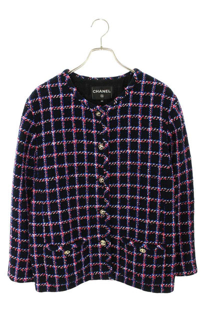 CHANEL Multi Cotton Blend Tweed Collarless Jacket Size L