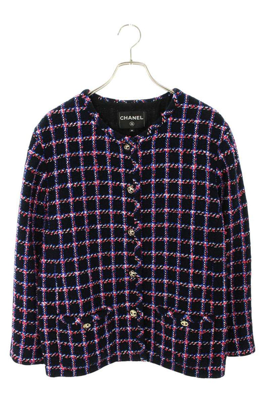 CHANEL Multi Cotton Blend Tweed Collarless Jacket Size L