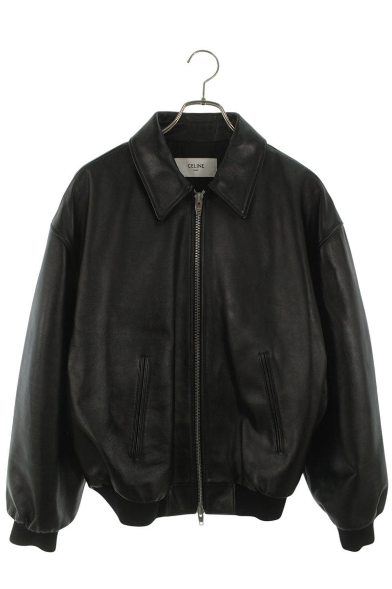 CELINE Triomphe Logo Calf Leather Teddy Blouson Black Size S