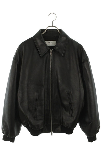 CELINE Triomphe Logo Calf Leather Teddy Blouson Black Size S