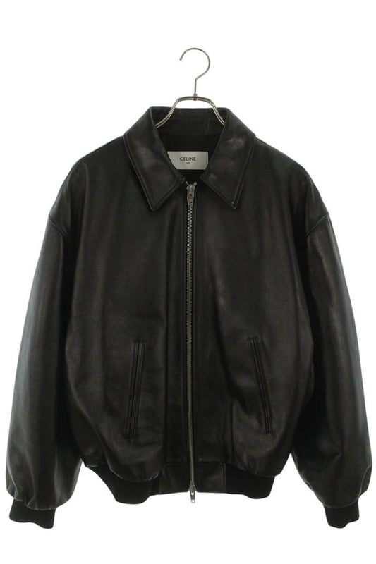 CELINE Triomphe Logo Calf Leather Teddy Blouson Black Size S