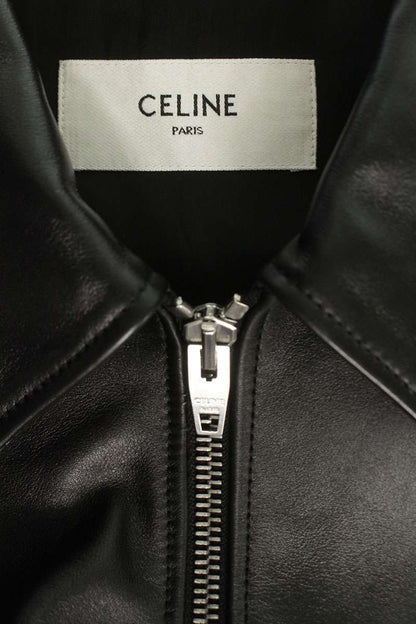 CELINE Triomphe Logo Calf Leather Teddy Blouson Black Size S