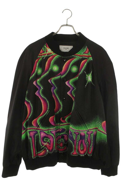 CELINE Satin Artist Print Teddy Jacket Black Size XXL