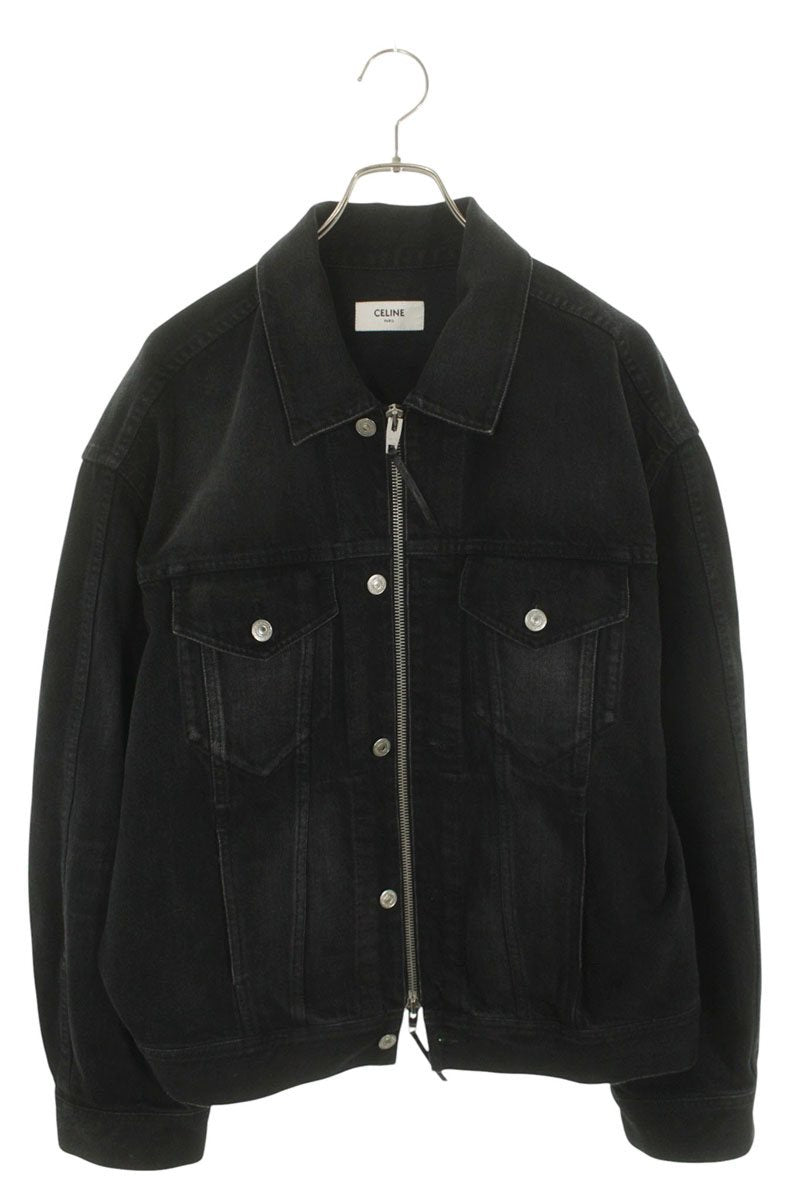 CELINE 26SS Logo Zip Denim Trucker Jacket Black Size S