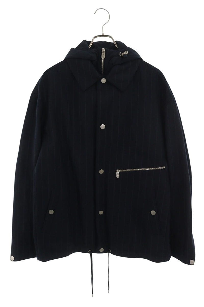 HERMES Nylon Paneled Hooded Blouson Navy Wool Blend Size M