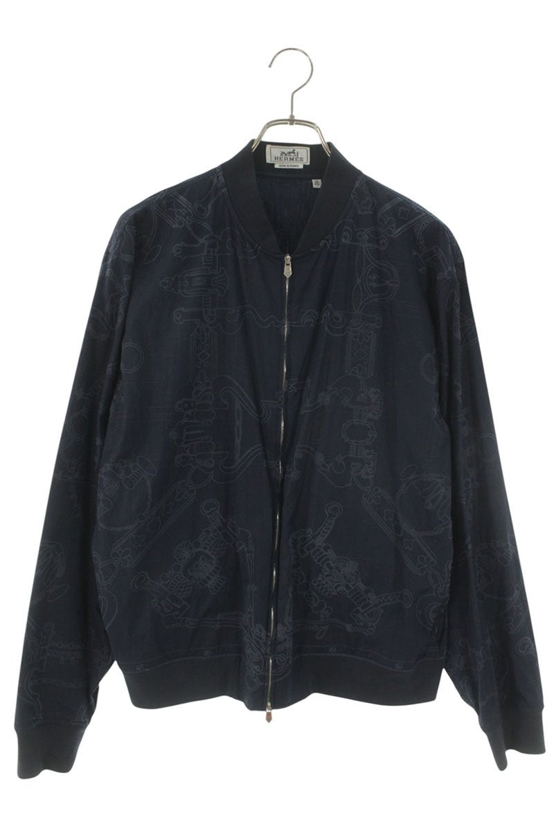 HERMES All-Over Print Cotton Zip Blouson Navy Size XS