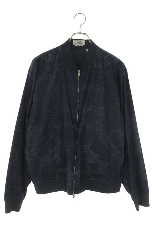 HERMES All-Over Print Cotton Zip Blouson Navy Size XS