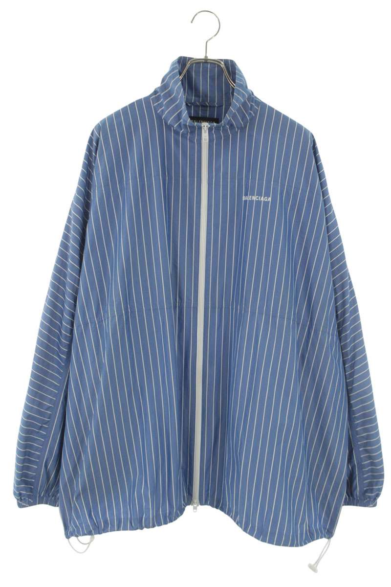 BALENCIAGA Logo Print Stripe Poplin Shirt Jacket Blue Size M