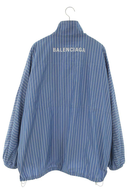 BALENCIAGA Logo Print Stripe Poplin Shirt Jacket Blue Size M