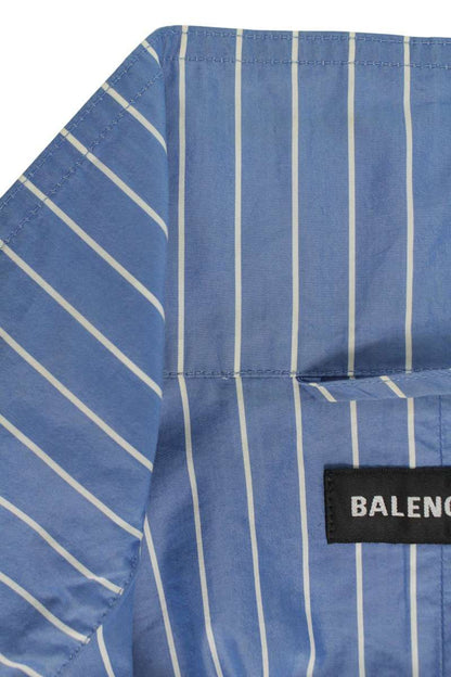BALENCIAGA Logo Print Stripe Poplin Shirt Jacket Blue Size M