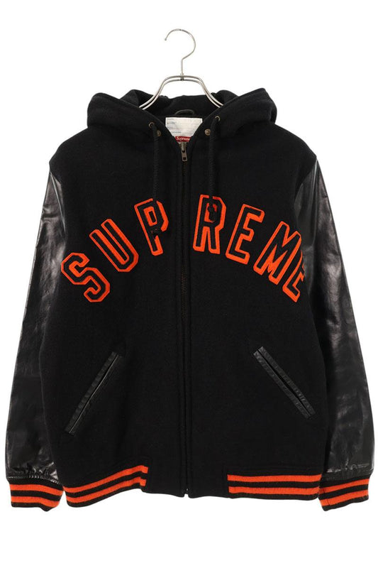SUPREME 12AW Wool Leather Hooded Varsity Jacket Black Size M