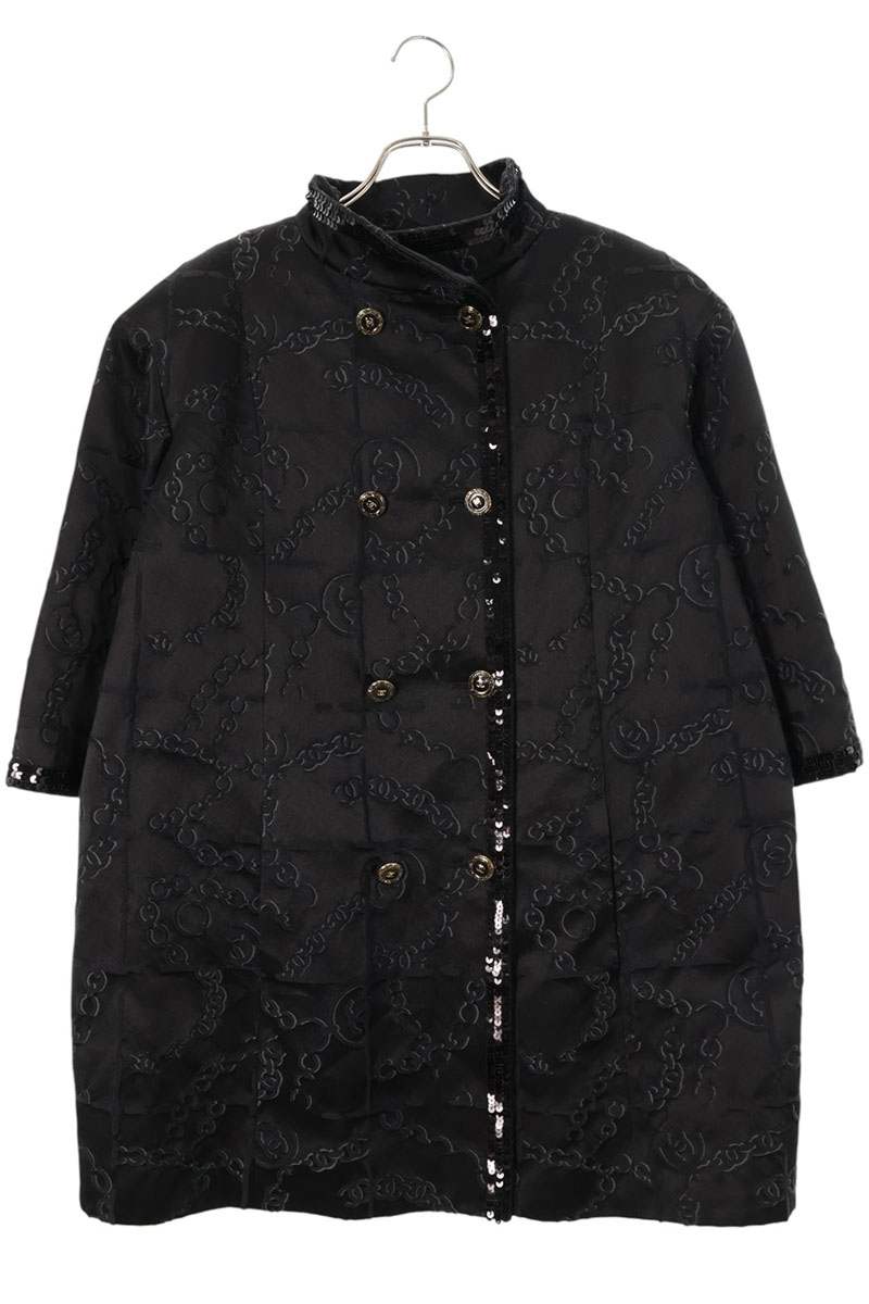 CHANEL Coco Mark Button Silk Blouson Black Size 38