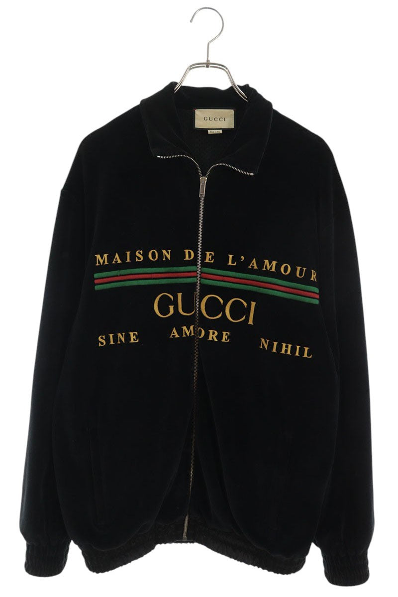 GUCCI Logo Embroidered Velour Zip Blouson Black Size S
