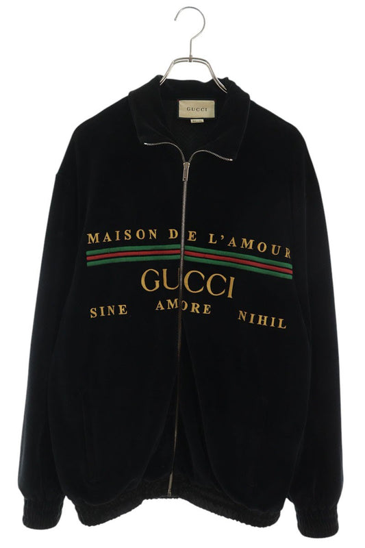 GUCCI Logo Embroidered Velour Zip Blouson Black Size S