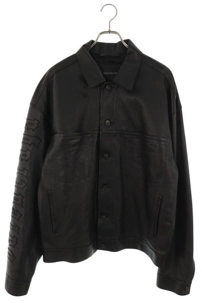 BALENCIAGA Sleeve Logo Leather Jacket Black Size S