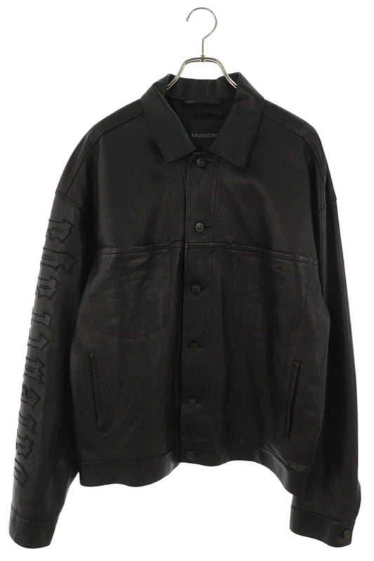 BALENCIAGA Sleeve Logo Leather Jacket Black Size S
