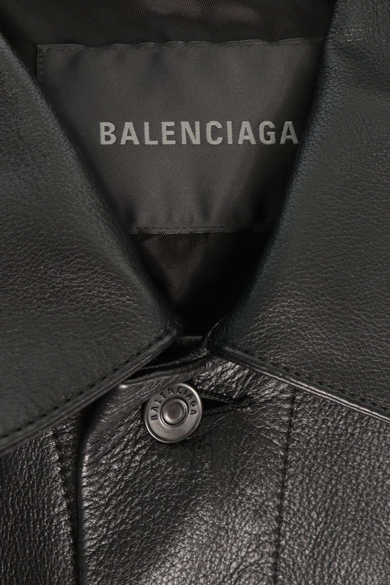 BALENCIAGA Sleeve Logo Leather Jacket Black Size S