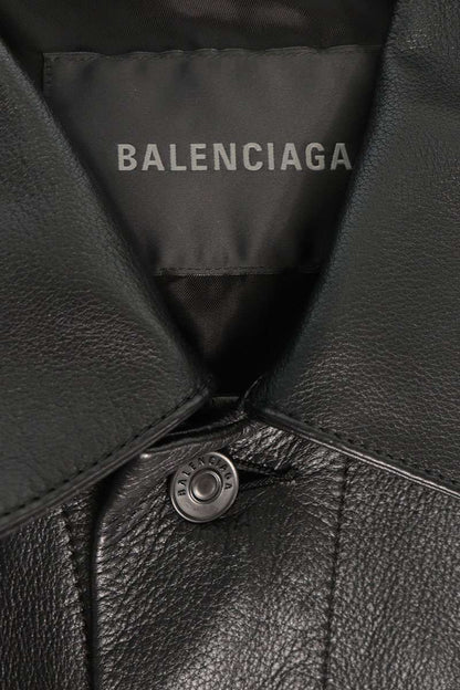 BALENCIAGA Sleeve Logo Leather Jacket Black Size S