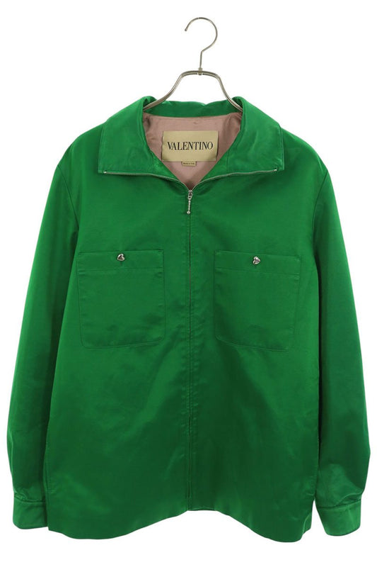 VALENTINO Heart Button Satin Zip-Up Jacket Green Size 46