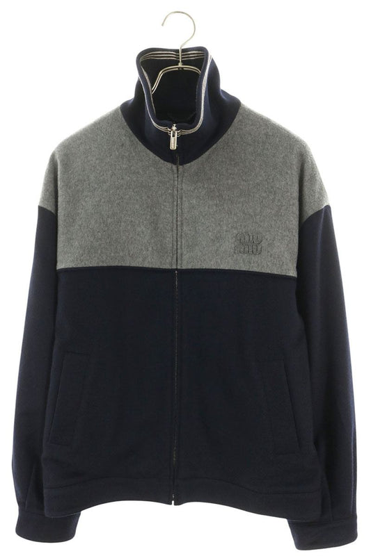 miumiu Contrast Material Zip-Up Wool Jacket Navy Size 40