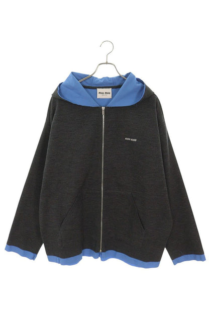 miumiu Logo Print Bonded Knit Jacket Gray Blue Size 44