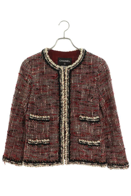 CHANEL P39769V28361 Red Tweed No-collar Jacket Size 38