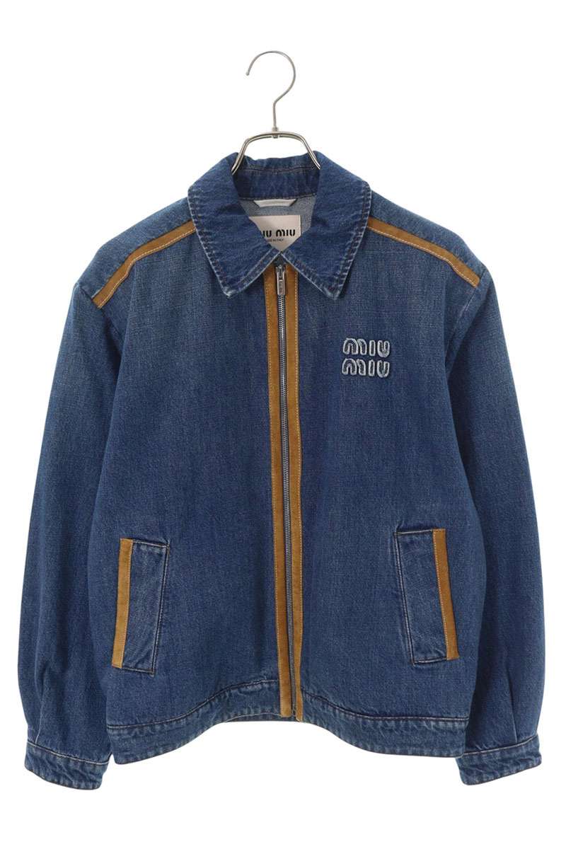 miumiu Suede Contrast Logo Patch Denim Jacket Size 38