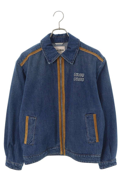 miumiu Suede Contrast Logo Patch Denim Jacket Size 38