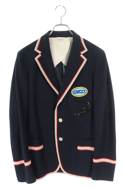 GUCCI Navy Cotton Wool Shark Embroidered Blazer Size S