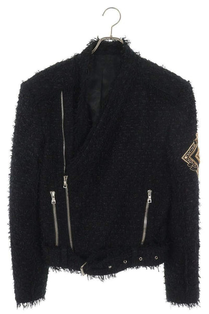 BALMAIN Black & Gold Tweed Logo Patch Jacket Size 46