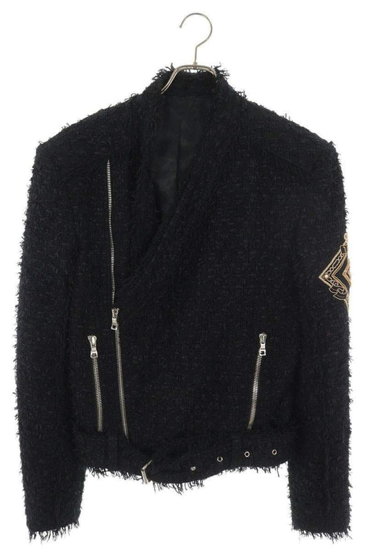 BALMAIN Black & Gold Tweed Logo Patch Jacket Size 46