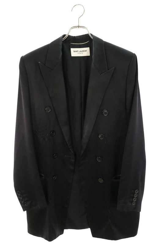 SAINT LAURENT PARIS Black Satin Silk Tailored Jacket Size 48