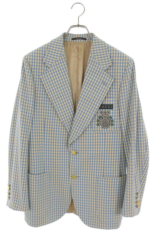 GUCCI Gingham Check Cotton Wool Blazer Blue Size 46