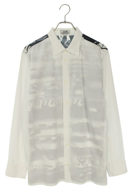 Hermes All-Over Print Long Sleeve Shirt White x Blue Size 42