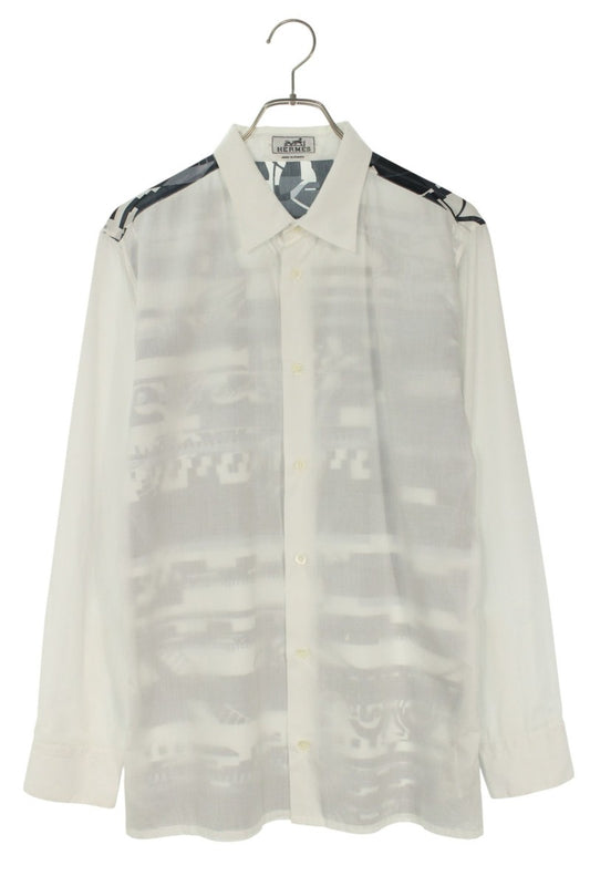 Hermes All-Over Print Long Sleeve Shirt White x Blue Size 42