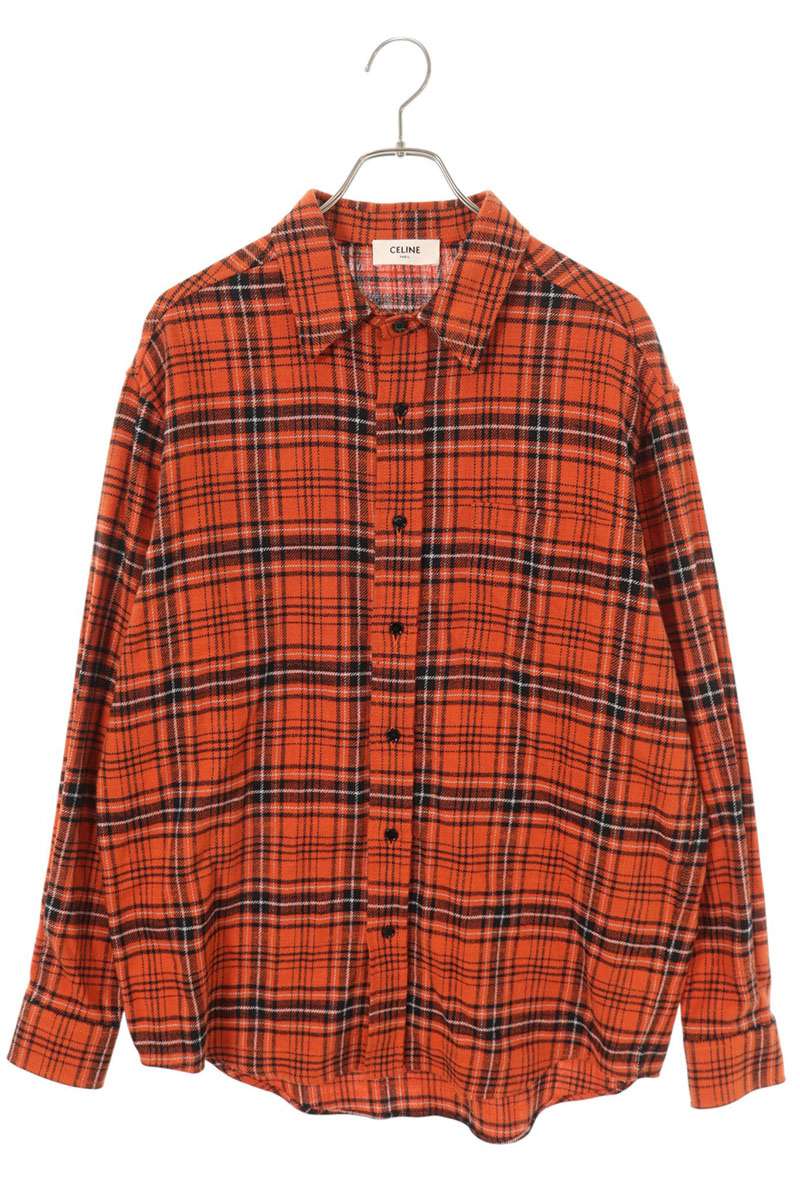CELINE Orange Cotton Check Long Sleeve Shirt Size XXL