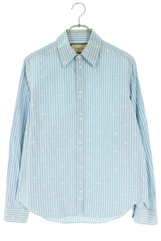 GUCCI GG Stripe Long Sleeve Shirt Blue Cotton Size 15