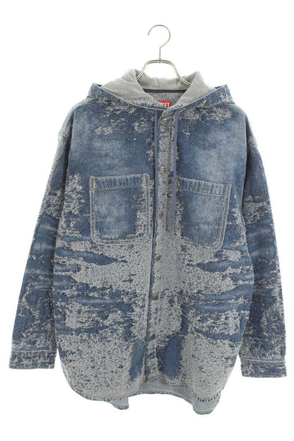 DIESEL Distressed Hooded Long Sleeve Shirt Blue Cotton Size S