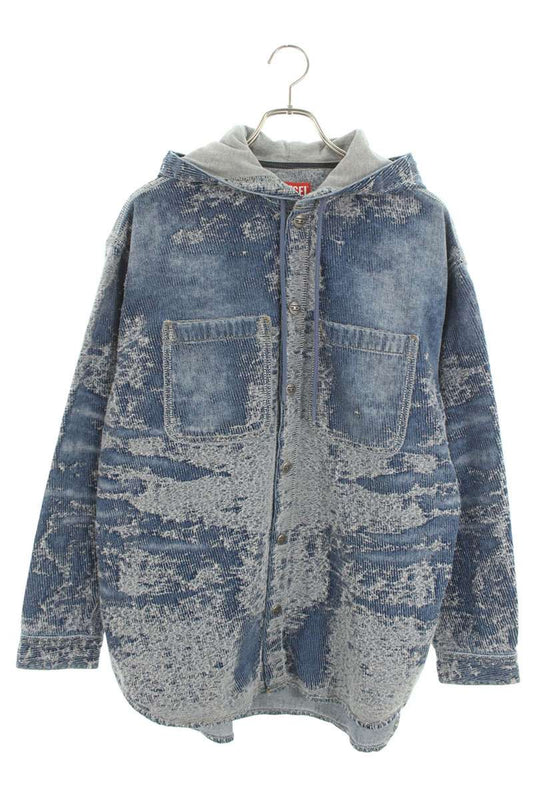DIESEL Distressed Hooded Long Sleeve Shirt Blue Cotton Size S